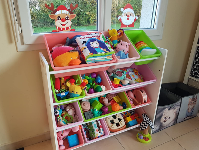 Kids’ Toy Storage Organizer with 12 Plastic Bins - White Wood with Pink Bins