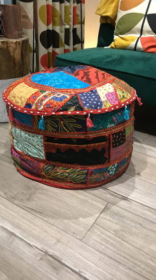India Floor cotton Ottoman Embellished with Patchwork and Embroidery Work Cushion Cover