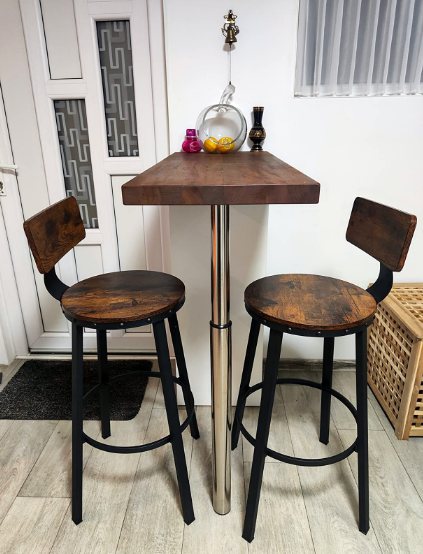 2 Set Bar Stools, Kitchen Stools, Tall Bar Chairs with Backrest, Steel Frame, Rustic Brown