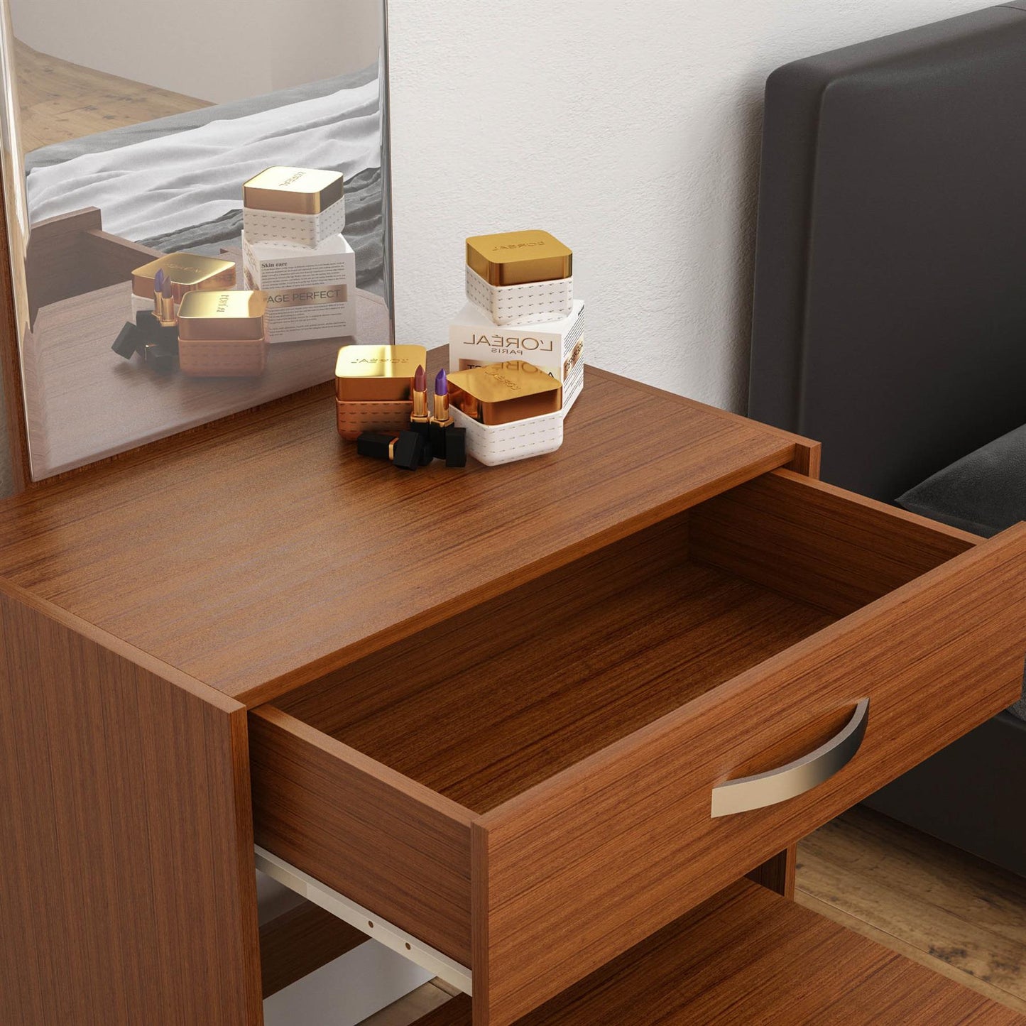 1 Drawer Dressing Table Modern Makeup Desk Mirror Stool Vanity Set Bedroom