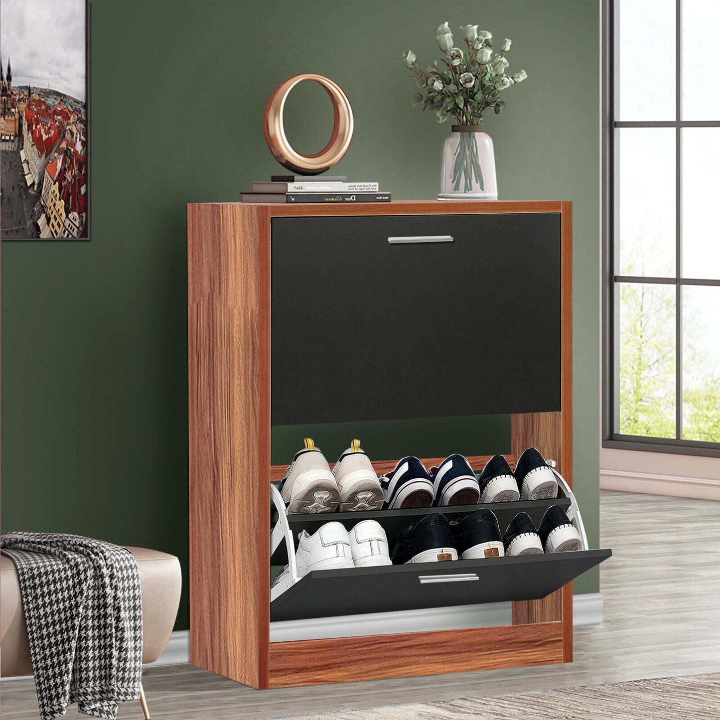 Shoe Rack Storage Cabinet Wooden Stand Cupboard Unit 2 Drawer Organizer