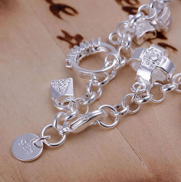 925 Sterling Silver plated Charm Bracelet Crystal Charms Chain Link 8" UK