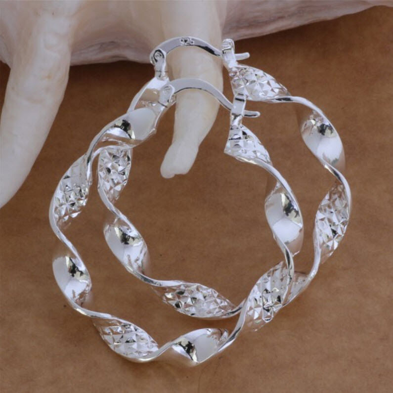 925 Sterling Silver plated Hoop Earrings Large 4cm Textured Twist Gift Bag UK