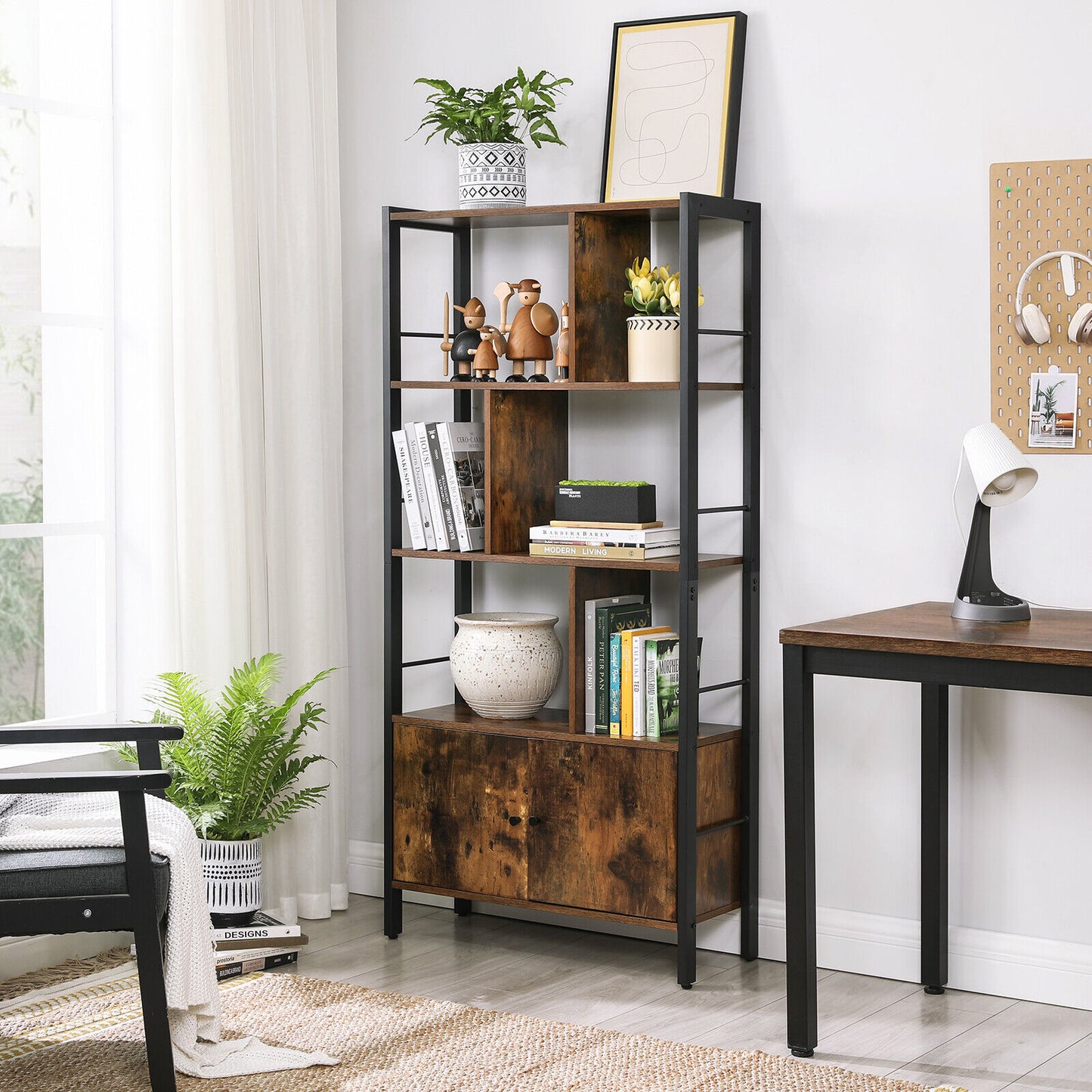 Bookcase 4-Tier Shelving Unit Display Plant Stand Metal Frame Rustic Brown