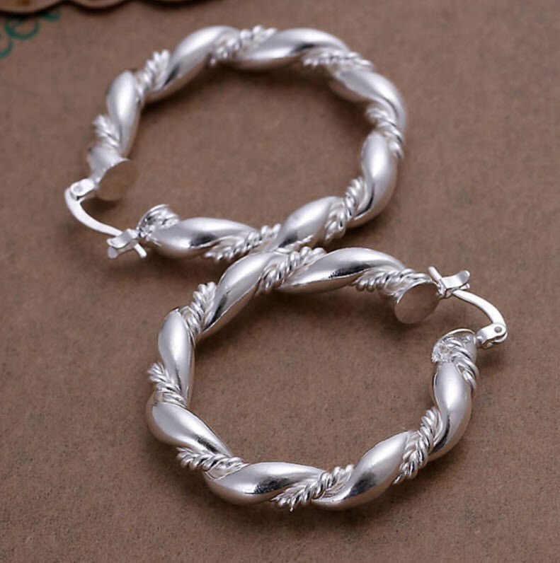 925 Sterling Silver Hoop Earrings Large Twisted Rope Chunky Gift Bag UK