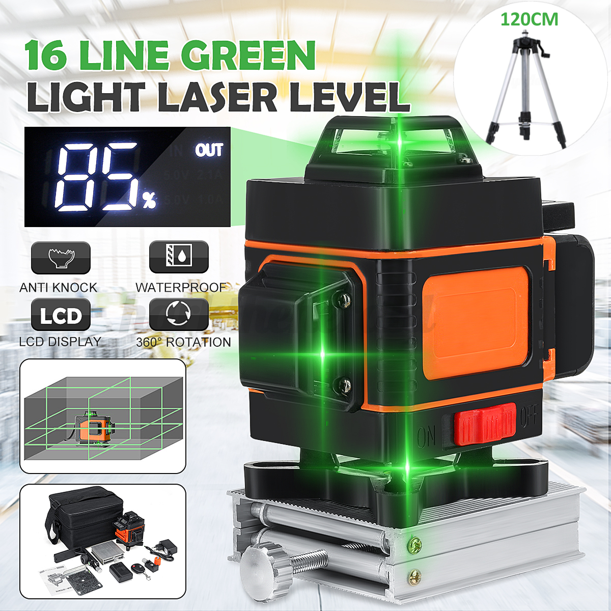 4D16 Lines Self-Leveling Cross Line Laser Level with LCD Screen & Tripod Stand