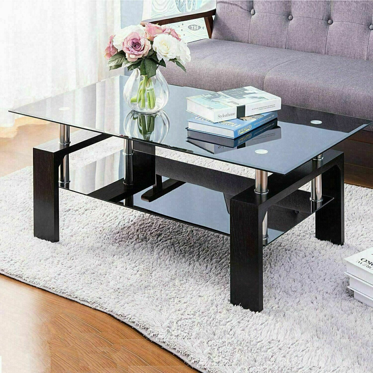 Glass Coffee Table With Storage Modern Living Room Furniture Tea Coffee Table