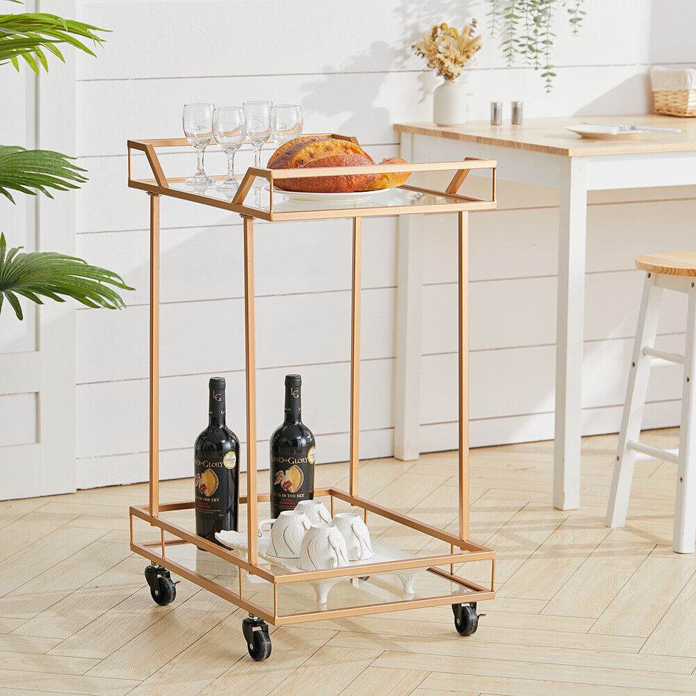 Rose Gold Glass Drinks Trolley Wheels 2 Tiers Home Bar Cart Kitchen Food Serving