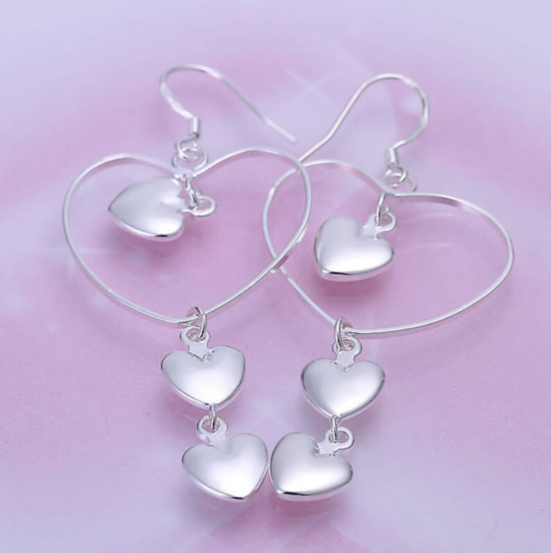 925 Sterling Silver Heart Earrings Triple Heart Dangle Drop Love UK FREE SHIPPING