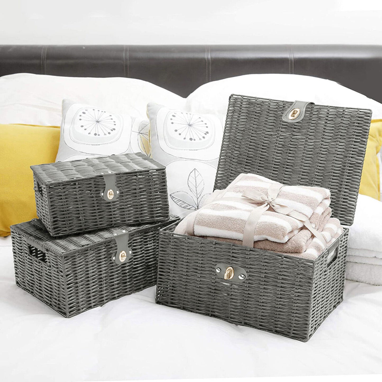 Set of 3 Storage Basket Resin Wicker Woven Hamper Box With Lid & Lock Stackable
