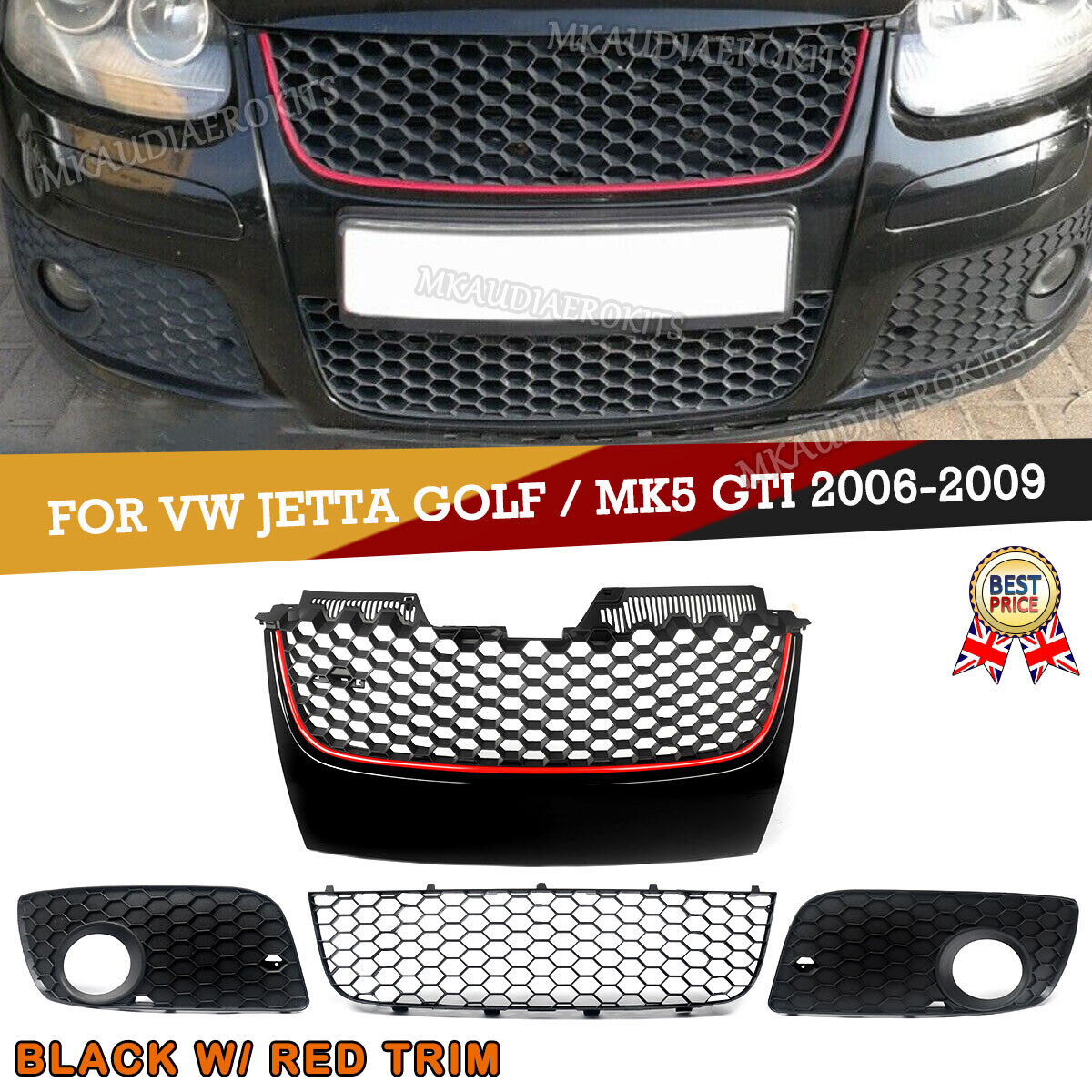 Front Bumper Centre Lower Grille Fog Light Grill For VW Golf MK5 GTI Jetta Set FREE SHIPPING