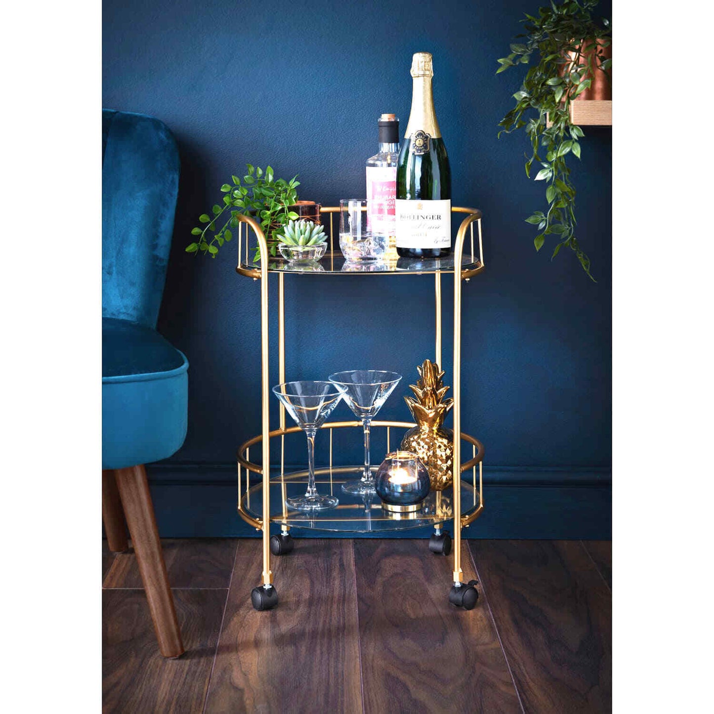 Stylish Gold Drinks Trolley Two Glass Shelves Eye Catching Gold With Castor