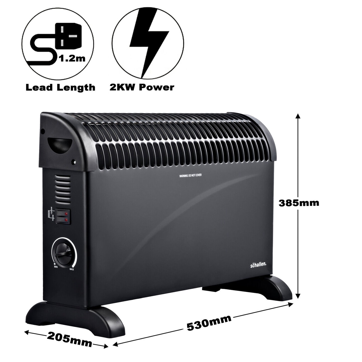 Schallen Modern Black 2000W Electric Convector Radiator Heater with Thermostat