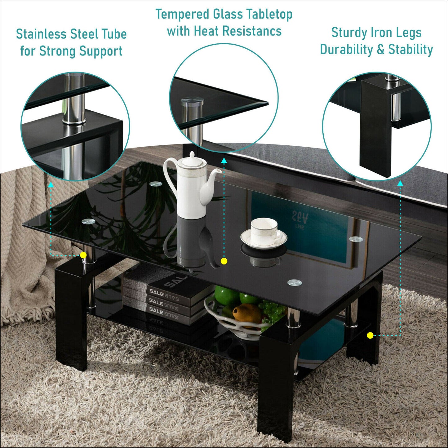 Glass Coffee Table With Storage Modern Living Room Furniture Tea Coffee Table