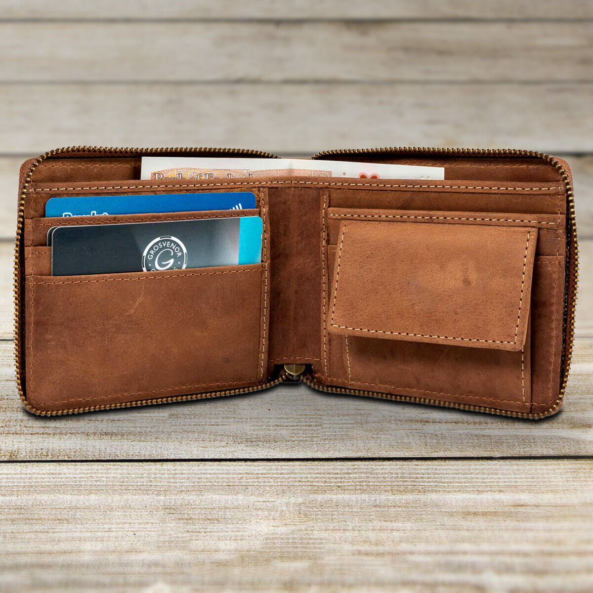 Genuine 100% Leather Wallet RFID Blocking Credit ID Card Holder Zip Closure UK