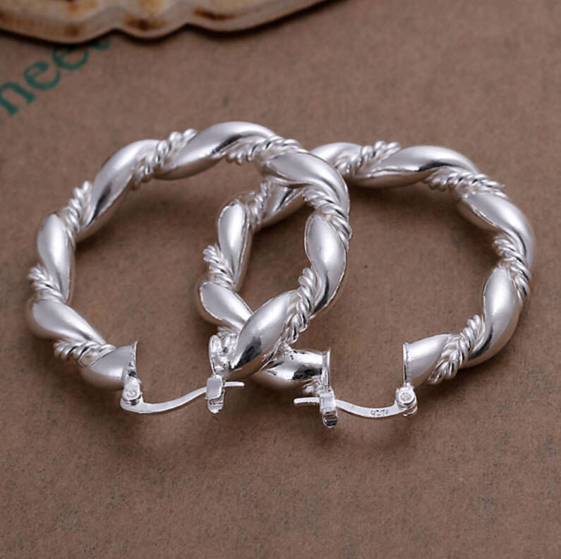 925 Sterling Silver Hoop Earrings Large Twisted Rope Chunky Gift Bag UK