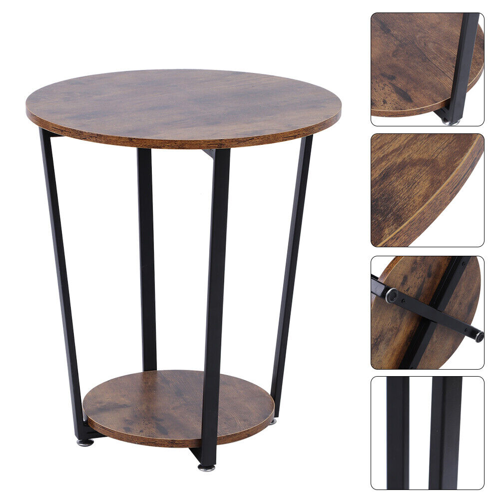 2 Tier Industrial Vintage Coffee Small Round Metal Sofa Side End Table Tray