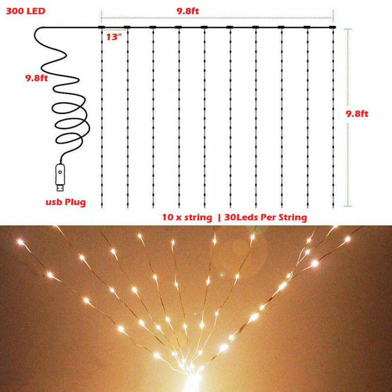 300 LED Curtain Fairy Lights String Indoor/Outdoor Backdrop Wedding Party White