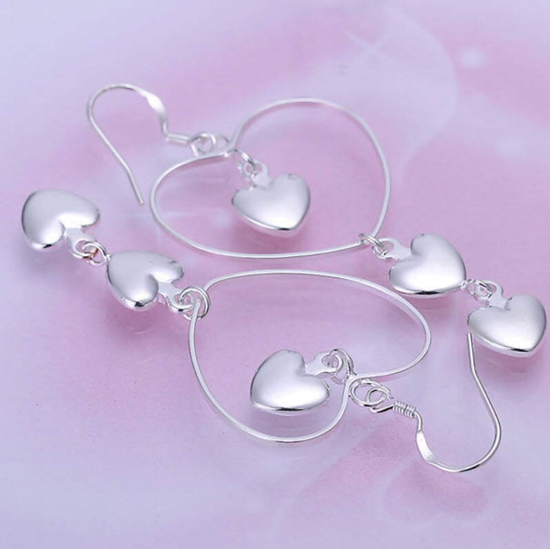 925 Sterling Silver Heart Earrings Triple Heart Dangle Drop Love UK FREE SHIPPING