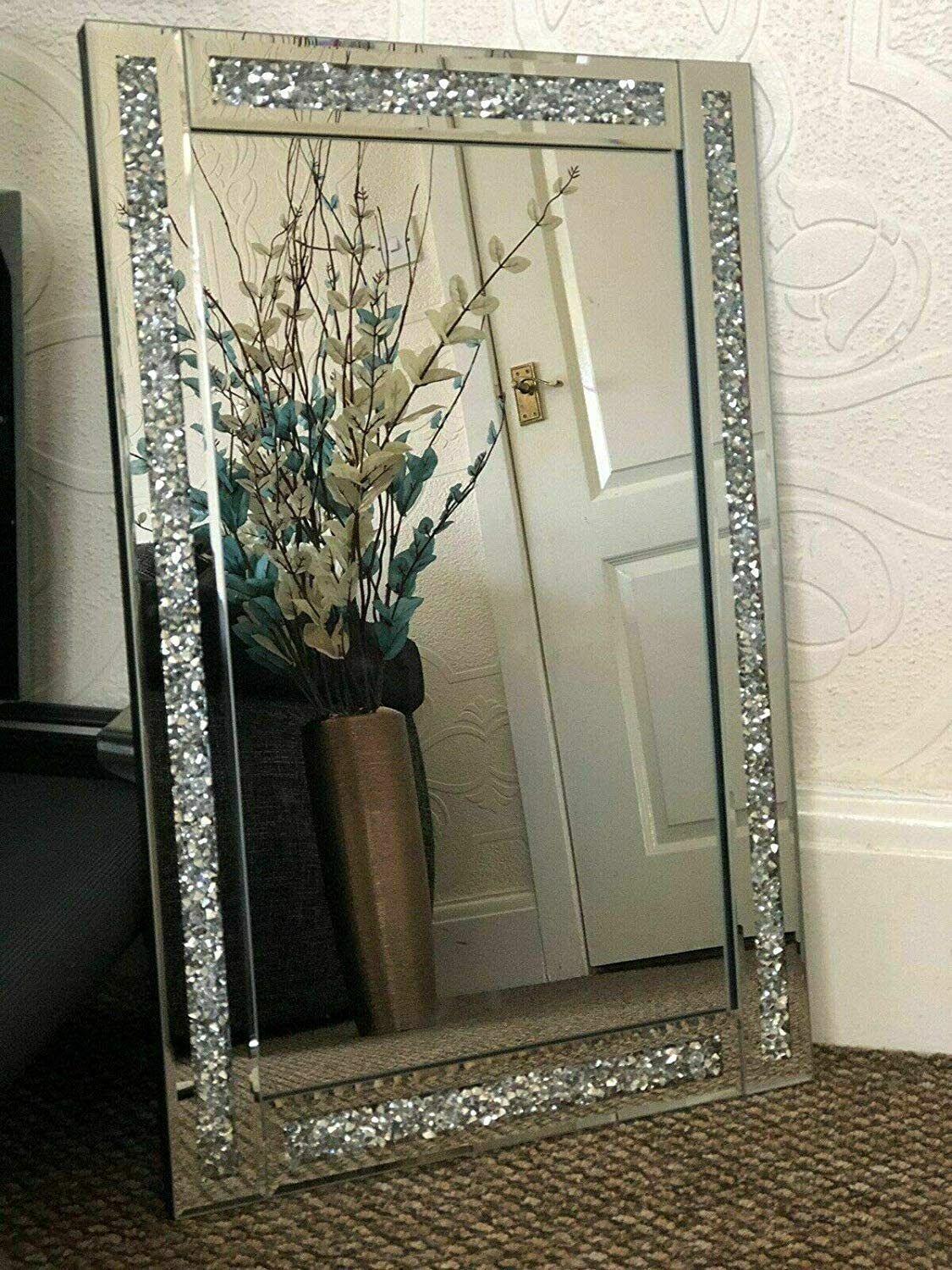 💥SALE💥Large Crushed Diamond Jewel Framed Silver Bordered Wall-Mounted Mirror 40x60cm