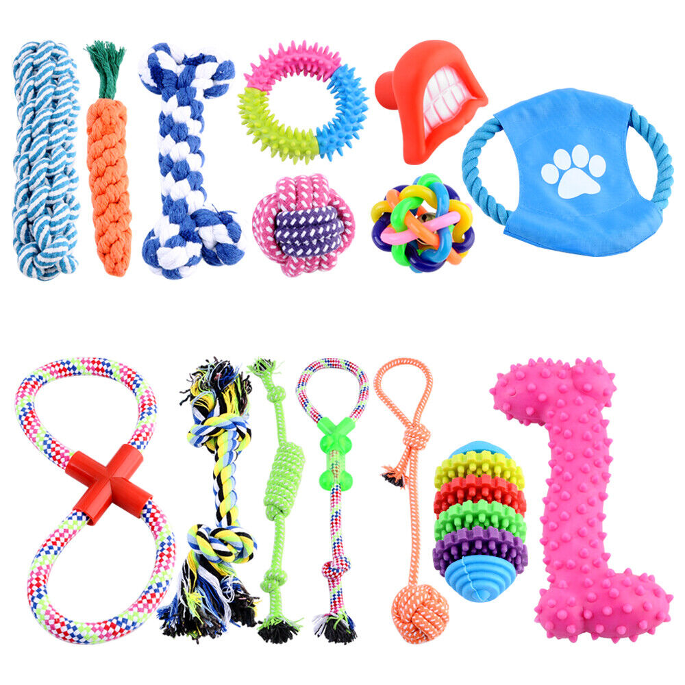 15 Pcs Tough Dog Toys Bundle Chew Rope Knot Ball Squeakers Pet Puppy Teething