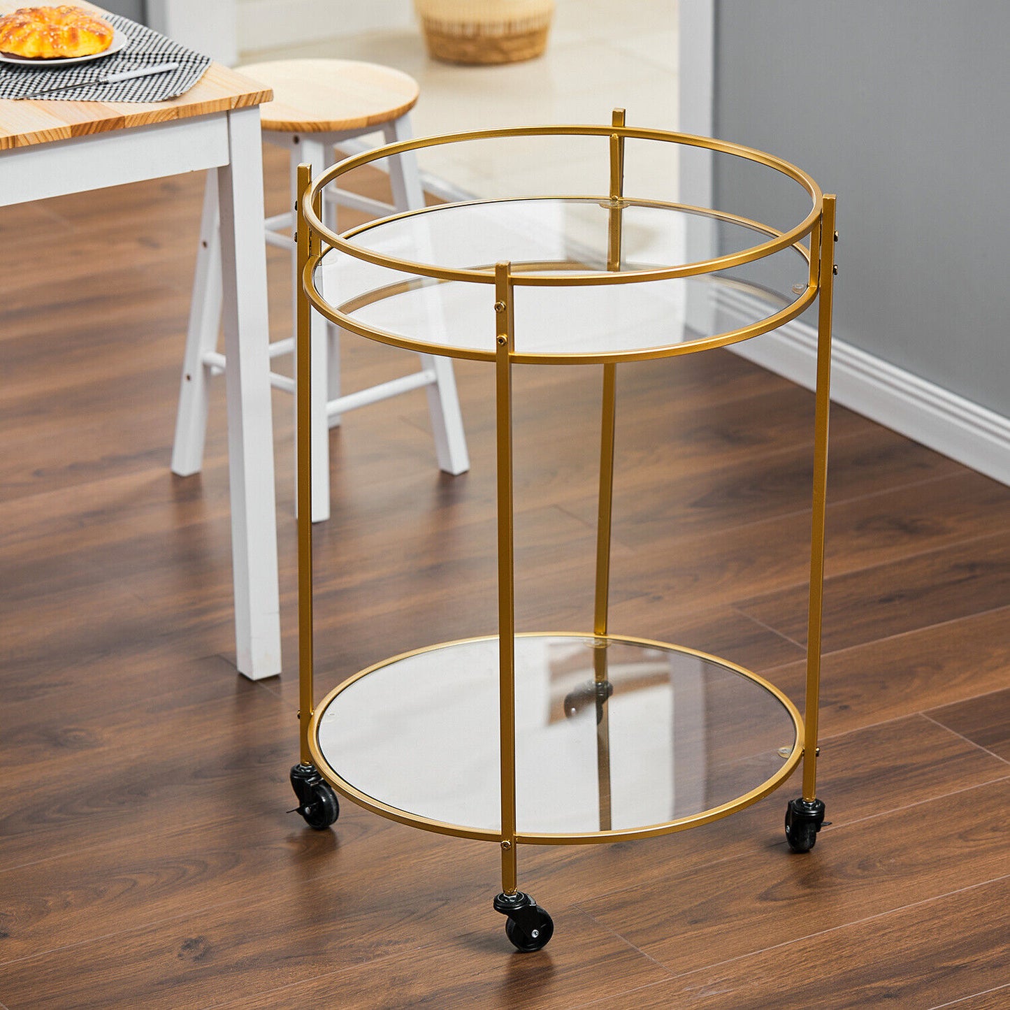 Gold Drinks Trolley 2 Tiers Glass Shelves 30's Art Deco Vintage Home Bar Cart UK