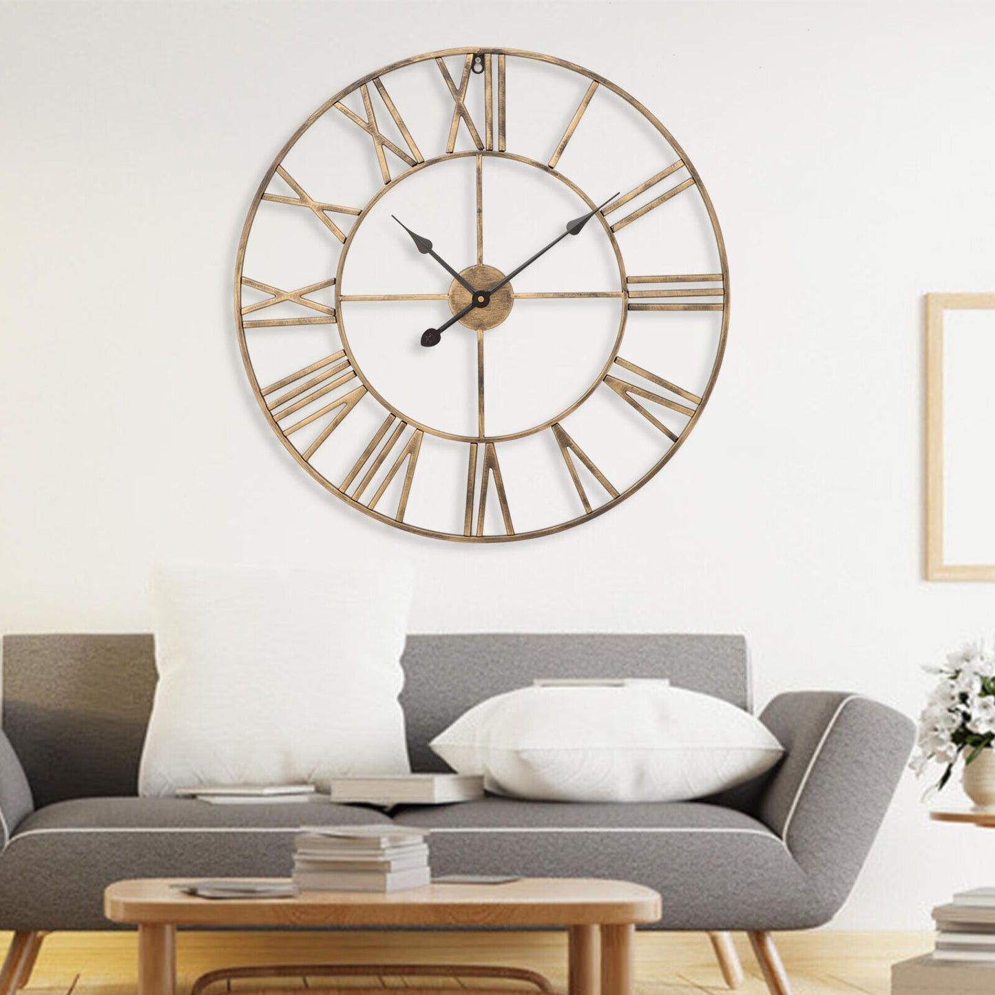 60CM Large Skeleton Metal Roman Wall Clock Big Numerals Giant Open Round Face UK