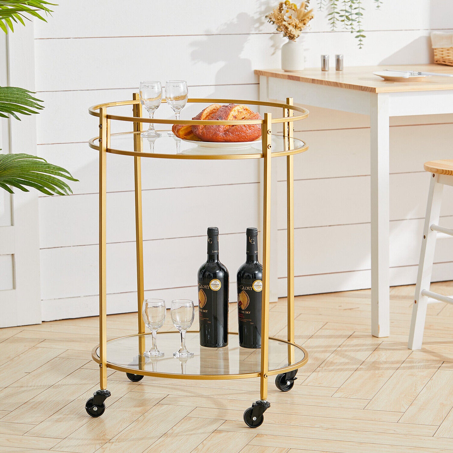 Gold Drinks Trolley 2 Tiers Glass Shelves 30's Art Deco Vintage Home Bar Cart UK