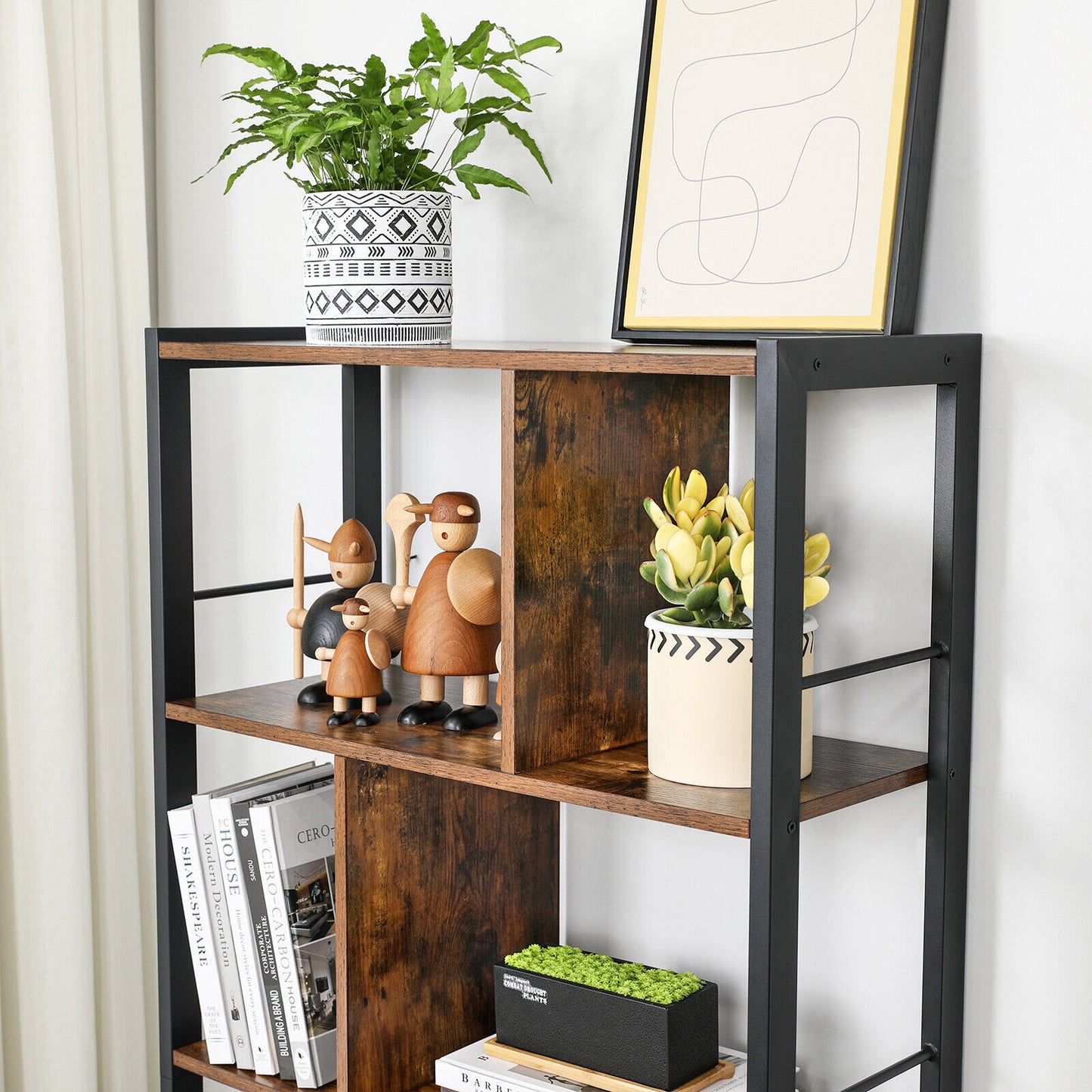 Bookcase 4-Tier Shelving Unit Display Plant Stand Metal Frame Rustic Brown