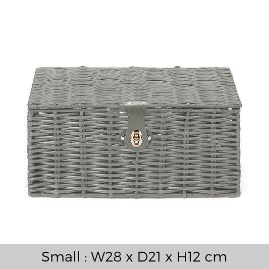 Set of 3 Storage Basket Resin Wicker Woven Hamper Box With Lid & Lock Stackable