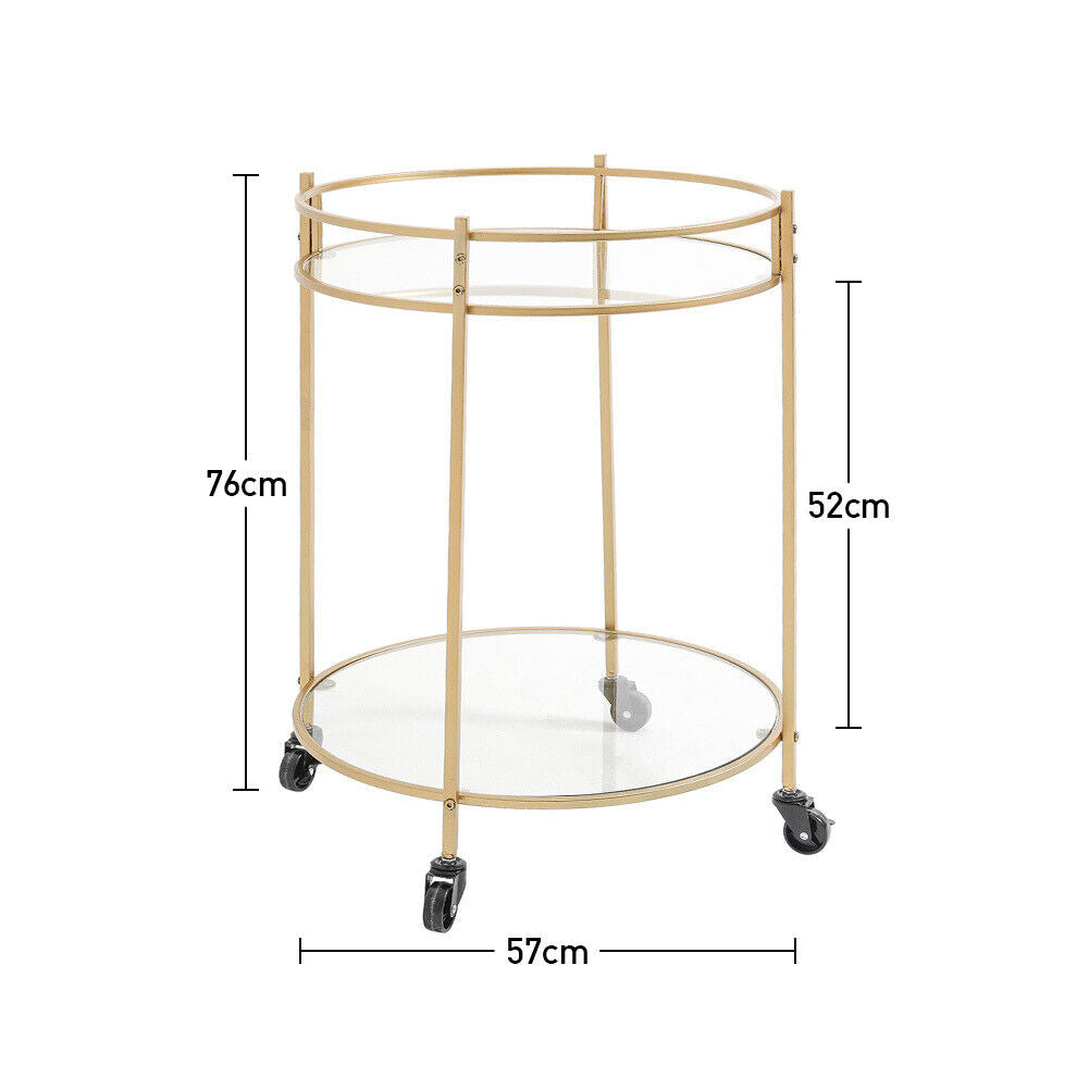 Gold Drinks Trolley 2 Tiers Glass Shelves 30's Art Deco Vintage Home Bar Cart UK