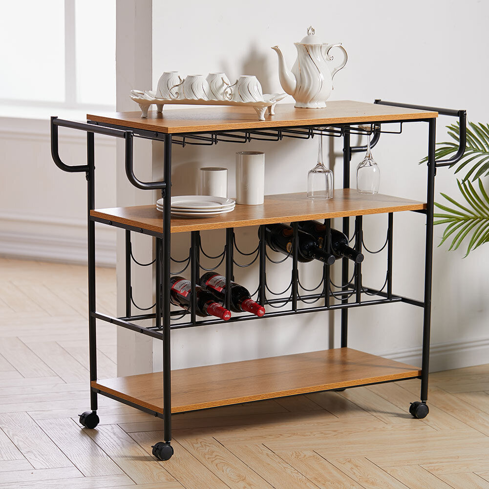 💥SALE💥 Rustic Wood Drinks Trolley Bar Cart W/ Wheels Wine Glass Bottle Rack