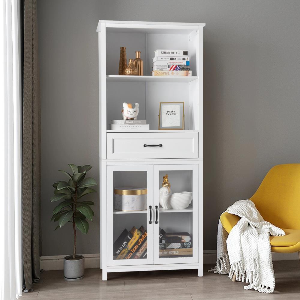 Large Kitchen Cabinets Storage Cupboard 180CM Bookcase with Bi-fold Glass Door White