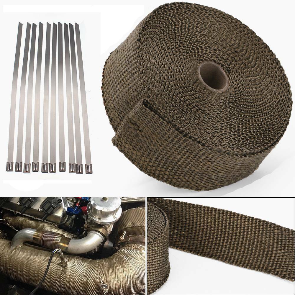 20M TITANIUM EXHAUST HEAT WRAP EXHAUST MANIFOLD GOLD HIGH TEMP INSULATING with 10 zip ties