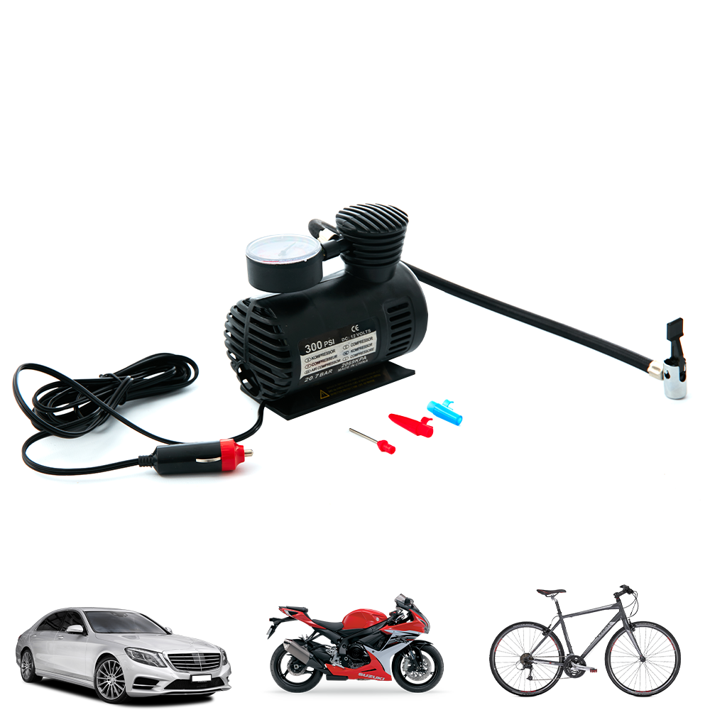 CAR TYRE AIR COMPRESSOR PUMP BIKE CYCLE COMPACT 3M CORD 12V INFLATOR BLACK