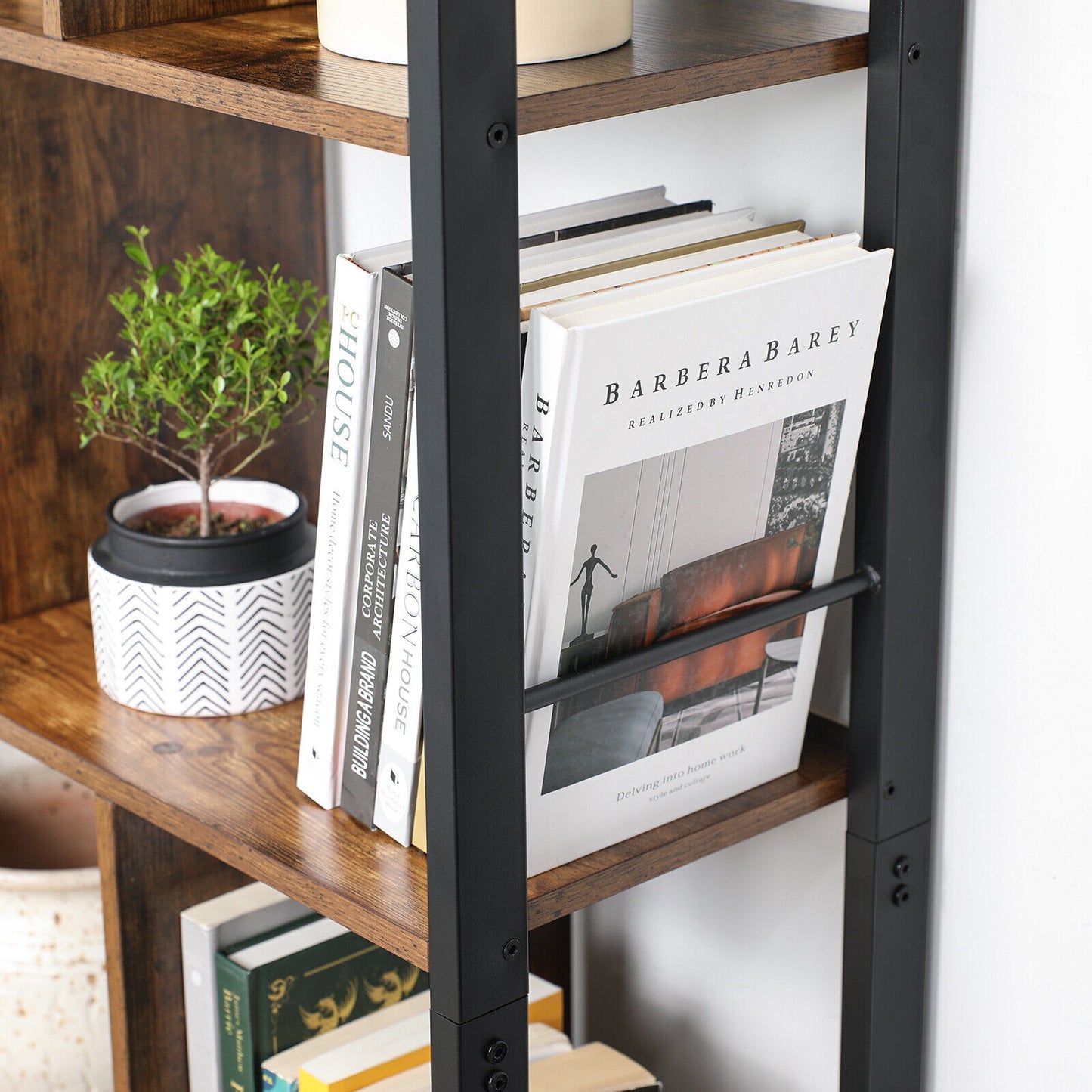 Bookcase 4-Tier Shelving Unit Display Plant Stand Metal Frame Rustic Brown