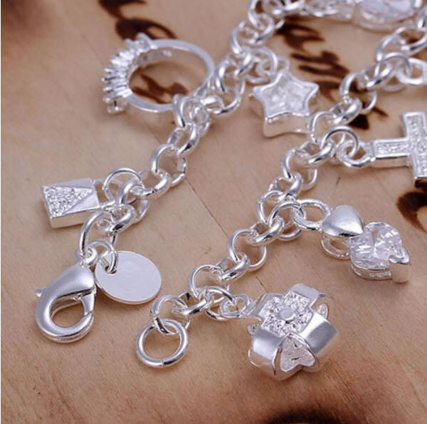 925 Sterling Silver plated Charm Bracelet Crystal Charms Chain Link 8" UK