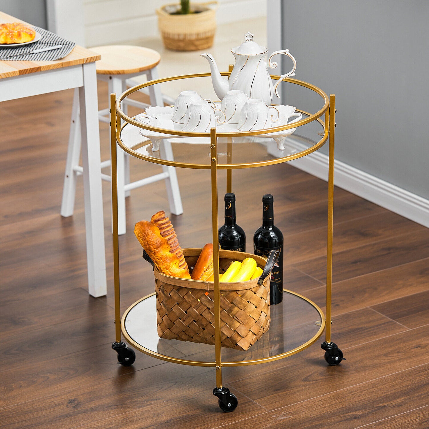 Gold Drinks Trolley 2 Tiers Glass Shelves 30's Art Deco Vintage Home Bar Cart UK