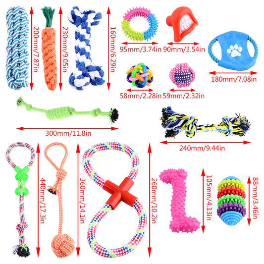 15 Pcs Tough Dog Toys Bundle Chew Rope Knot Ball Squeakers Pet Puppy Teething