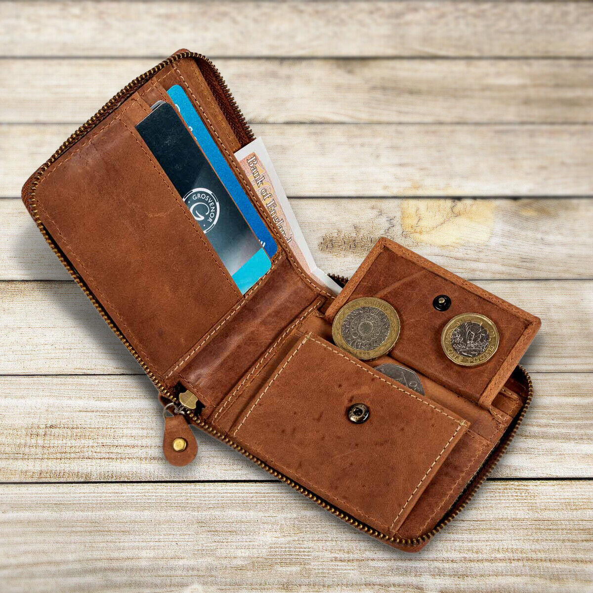 Genuine 100% Leather Wallet RFID Blocking Credit ID Card Holder Zip Closure UK
