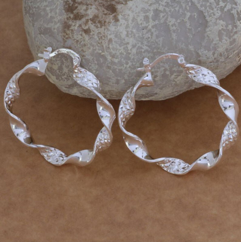 925 Sterling Silver plated Hoop Earrings Large 4cm Textured Twist Gift Bag UK