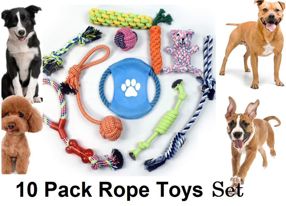 10 Pcs Dog Rope Toys Set Tough Strong Chew Knot Toys Puppy Bear Cotton Pet Toys