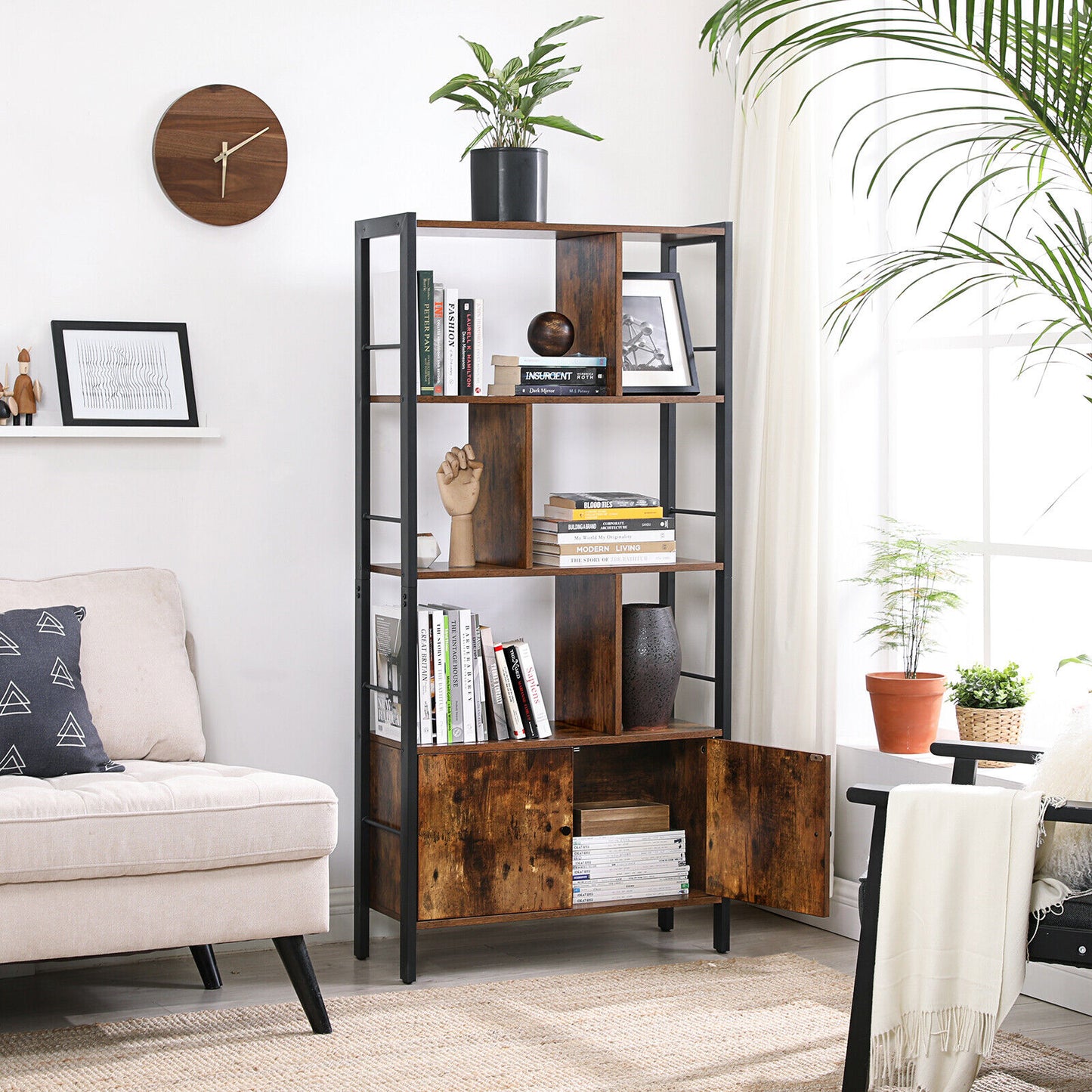 Bookcase 4-Tier Shelving Unit Display Plant Stand Metal Frame Rustic Brown