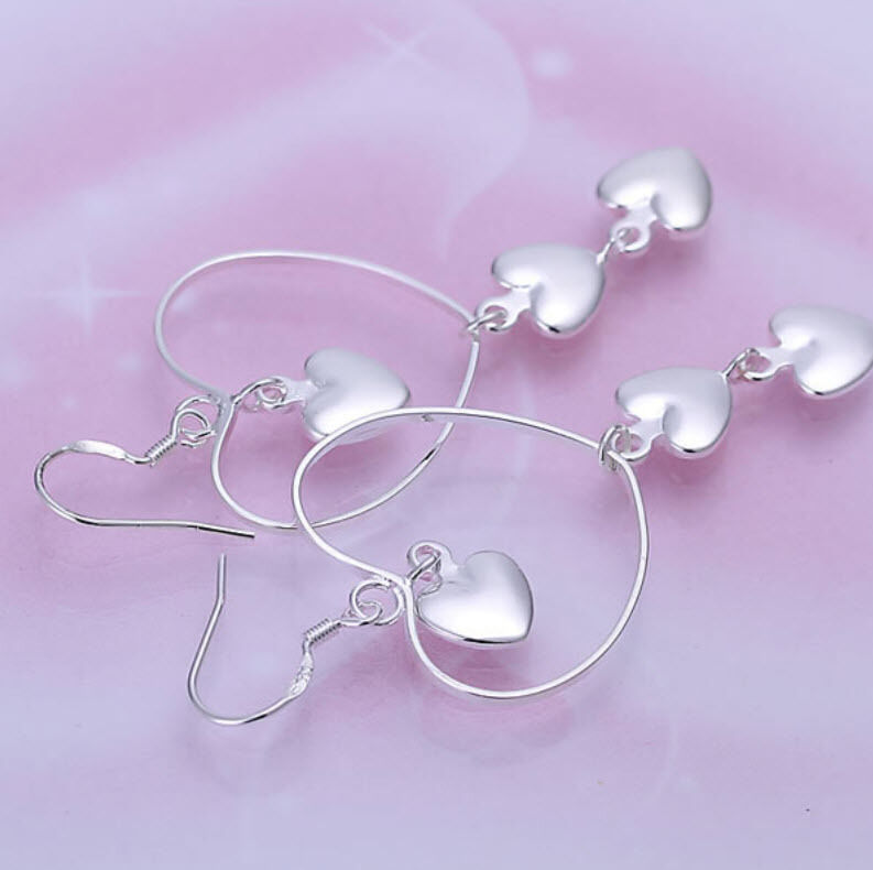 925 Sterling Silver Heart Earrings Triple Heart Dangle Drop Love UK FREE SHIPPING