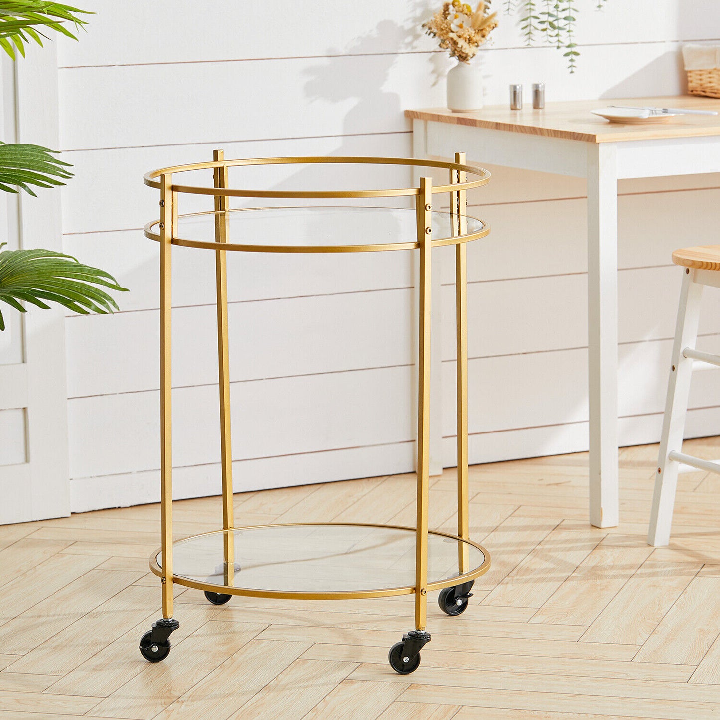 Gold Drinks Trolley 2 Tiers Glass Shelves 30's Art Deco Vintage Home Bar Cart UK