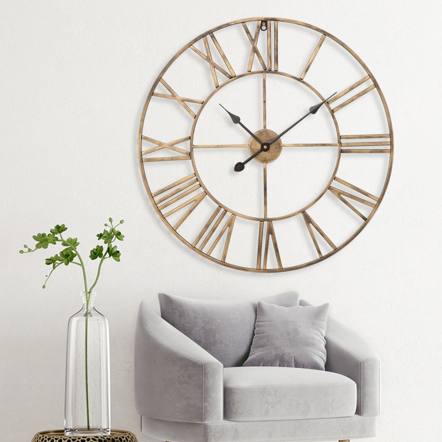 60CM Large Skeleton Metal Roman Wall Clock Big Numerals Giant Open Round Face UK