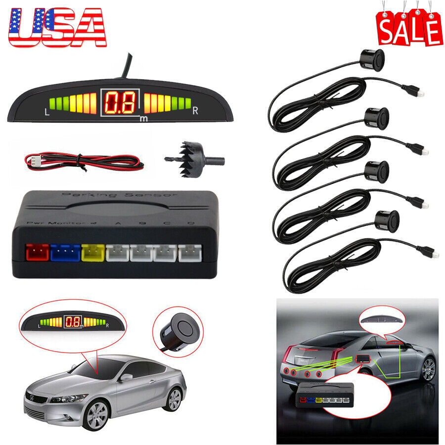 Car Rear 4x Parking Sensors Reverse Kit Audio Universal Buzzer Alarm LED BLACK FREE SHIPPING