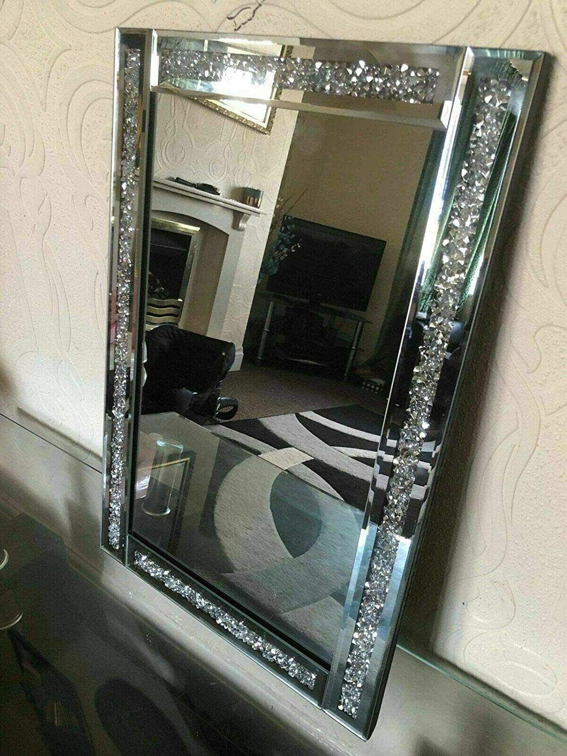 💥SALE💥Large Crushed Diamond Jewel Framed Silver Bordered Wall-Mounted Mirror 40x60cm
