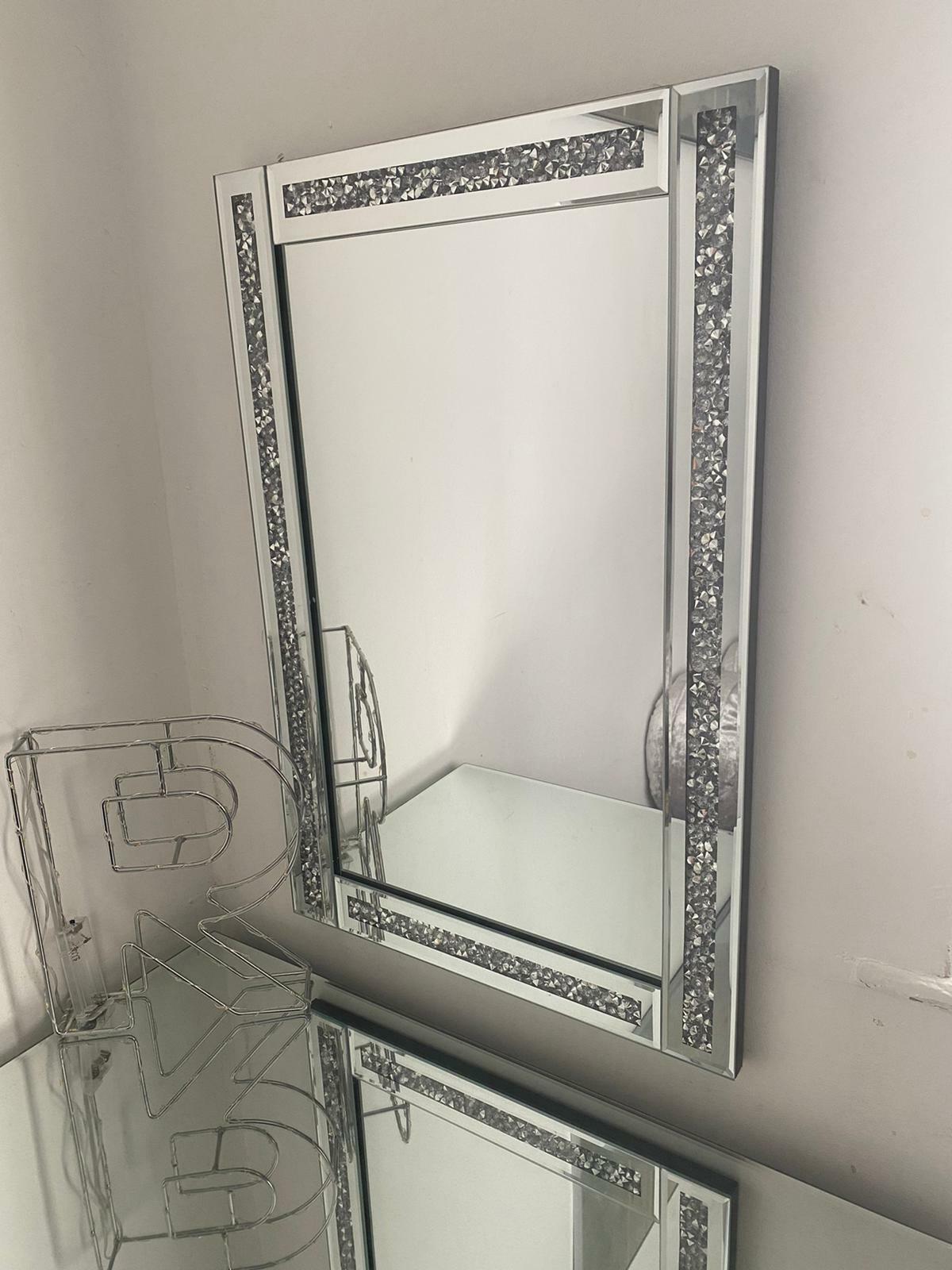 💥SALE💥Large Crushed Diamond Jewel Framed Silver Bordered Wall-Mounted Mirror 40x60cm