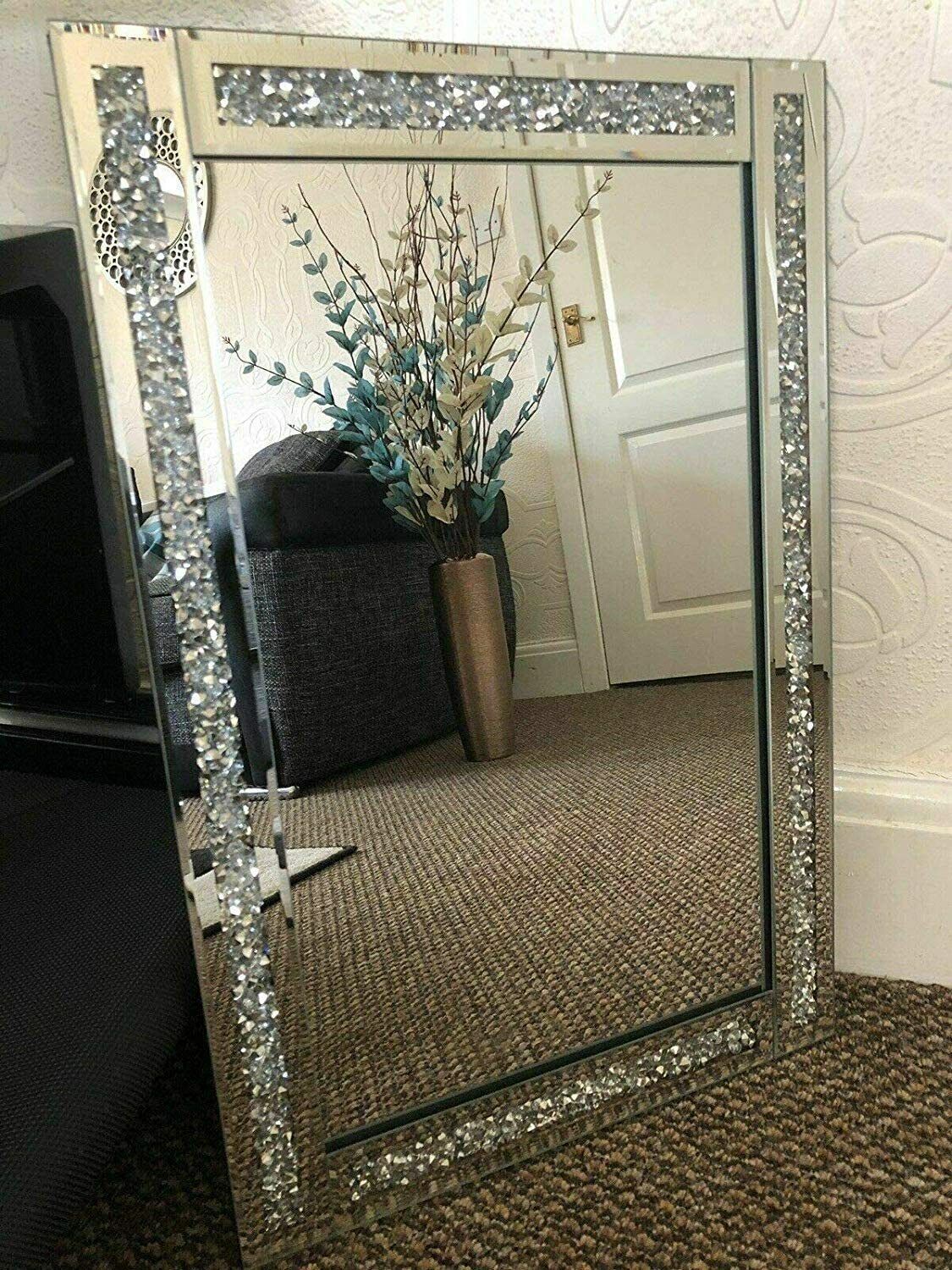 💥SALE💥Large Crushed Diamond Jewel Framed Silver Bordered Wall-Mounted Mirror 40x60cm